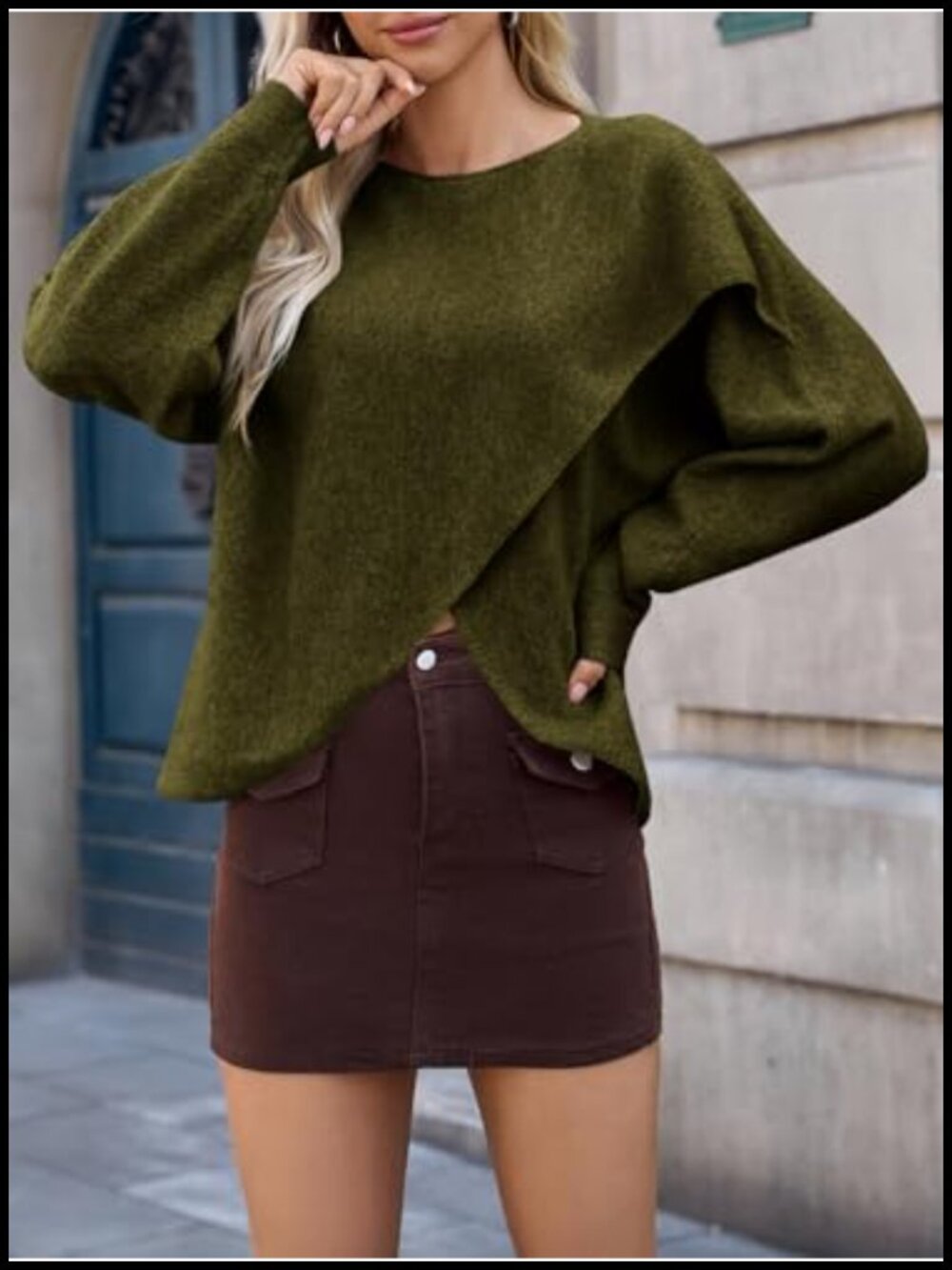 Womens Oversized Batwing Knit Pullover Sweater Long Sleeve Crew Neck Poncho Top - Picture 3 of 6
